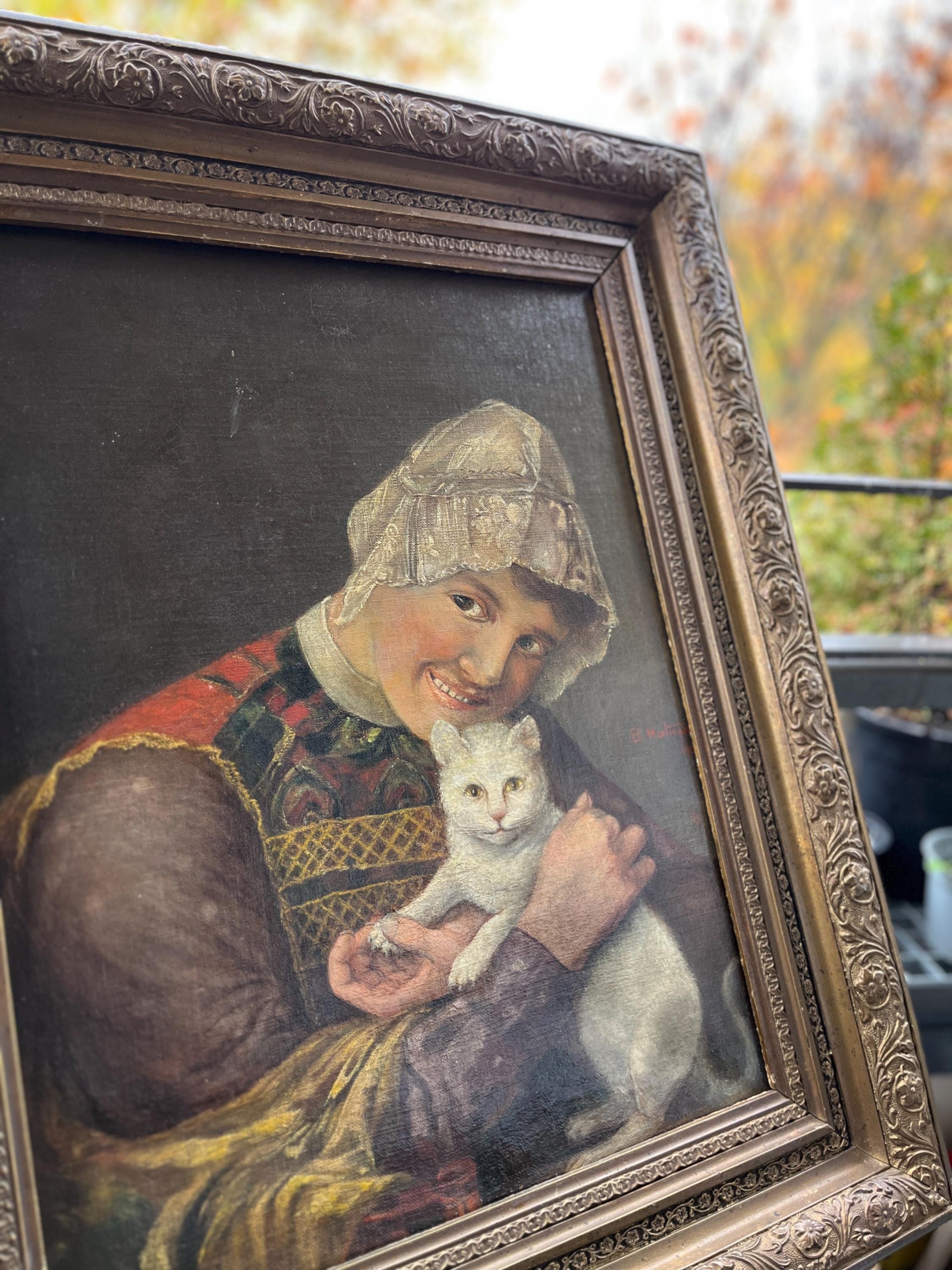 19世紀ヨーロッパの油絵、署名入り「白い猫を連れた若い女性の肖像