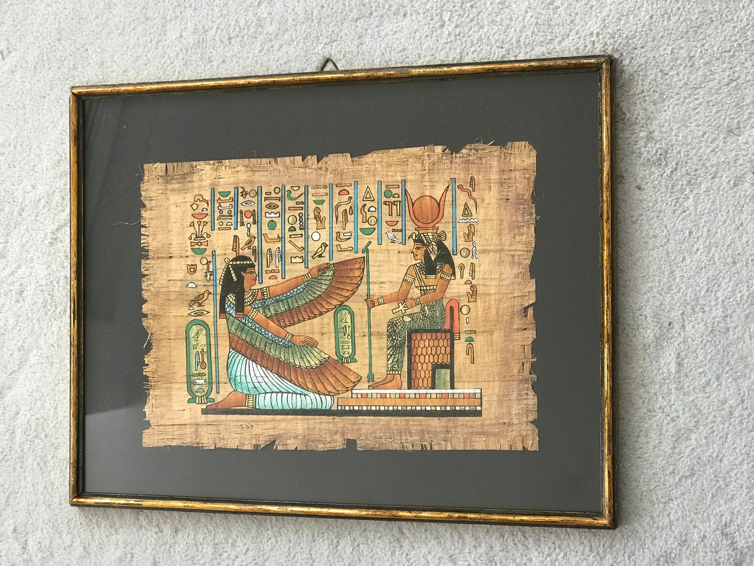 エジプトの女神イシスとマアトを描いた希少なパピルス画、古代エジプト