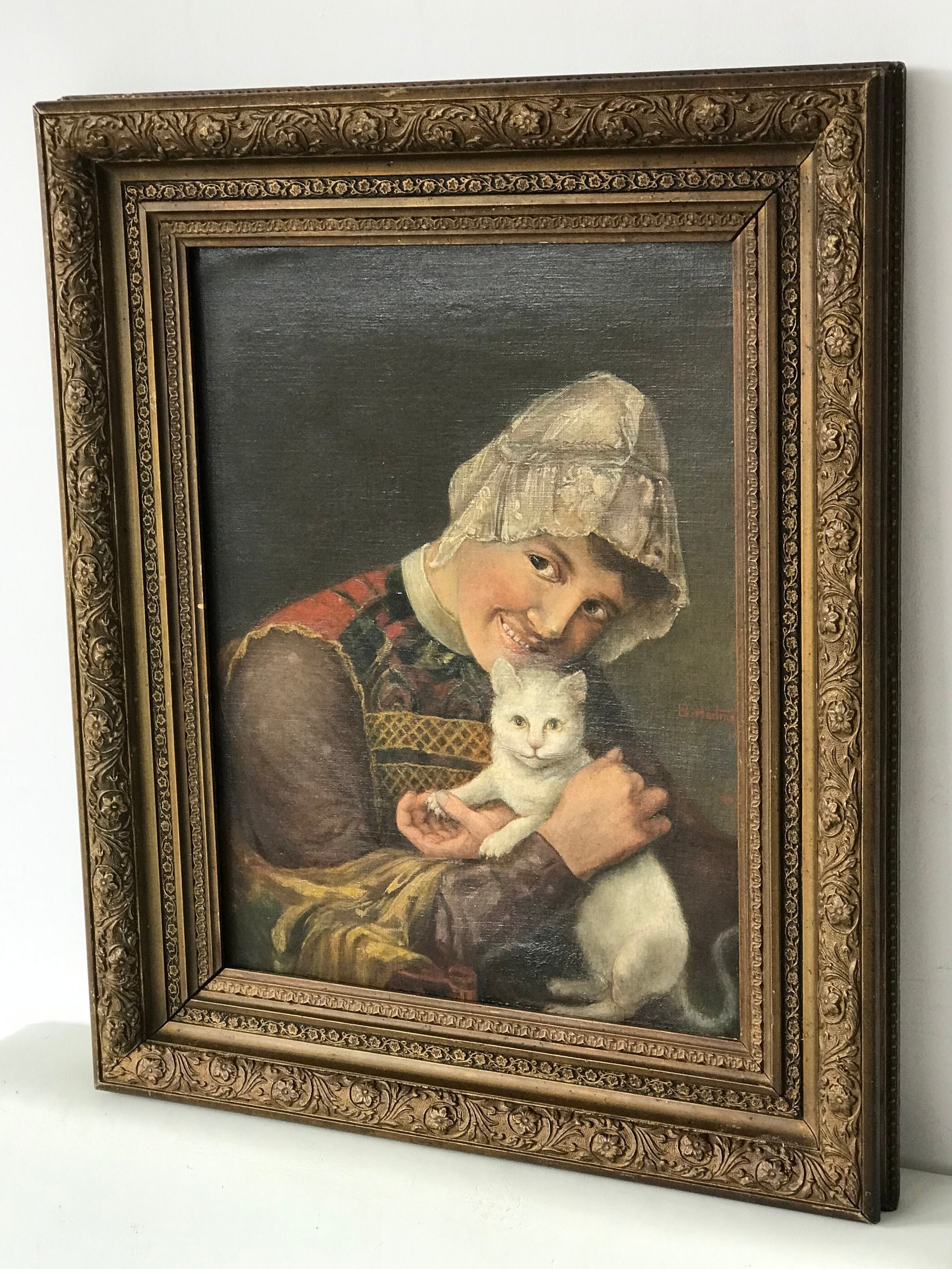 19世紀ヨーロッパの油絵、署名入り「白い猫を連れた若い女性の肖像