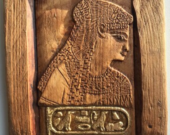 古代エジプト王妃と女神壁画レリーフ壁掛け装飾品アンティーク美術品 クレオパトラ女王とヒエログリフの壁アート、壁用木製アート、古代