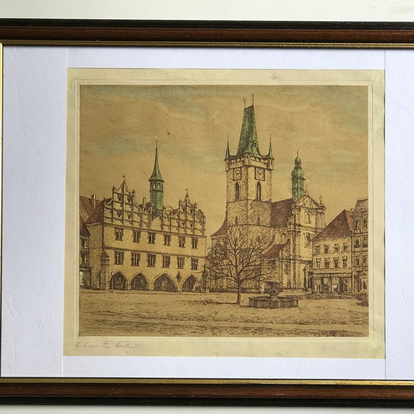 Authentic Vintage Lithograph of German Historical Building, Original engraving Pencil Signed dated 1946, Beautiful Frame with Glass,