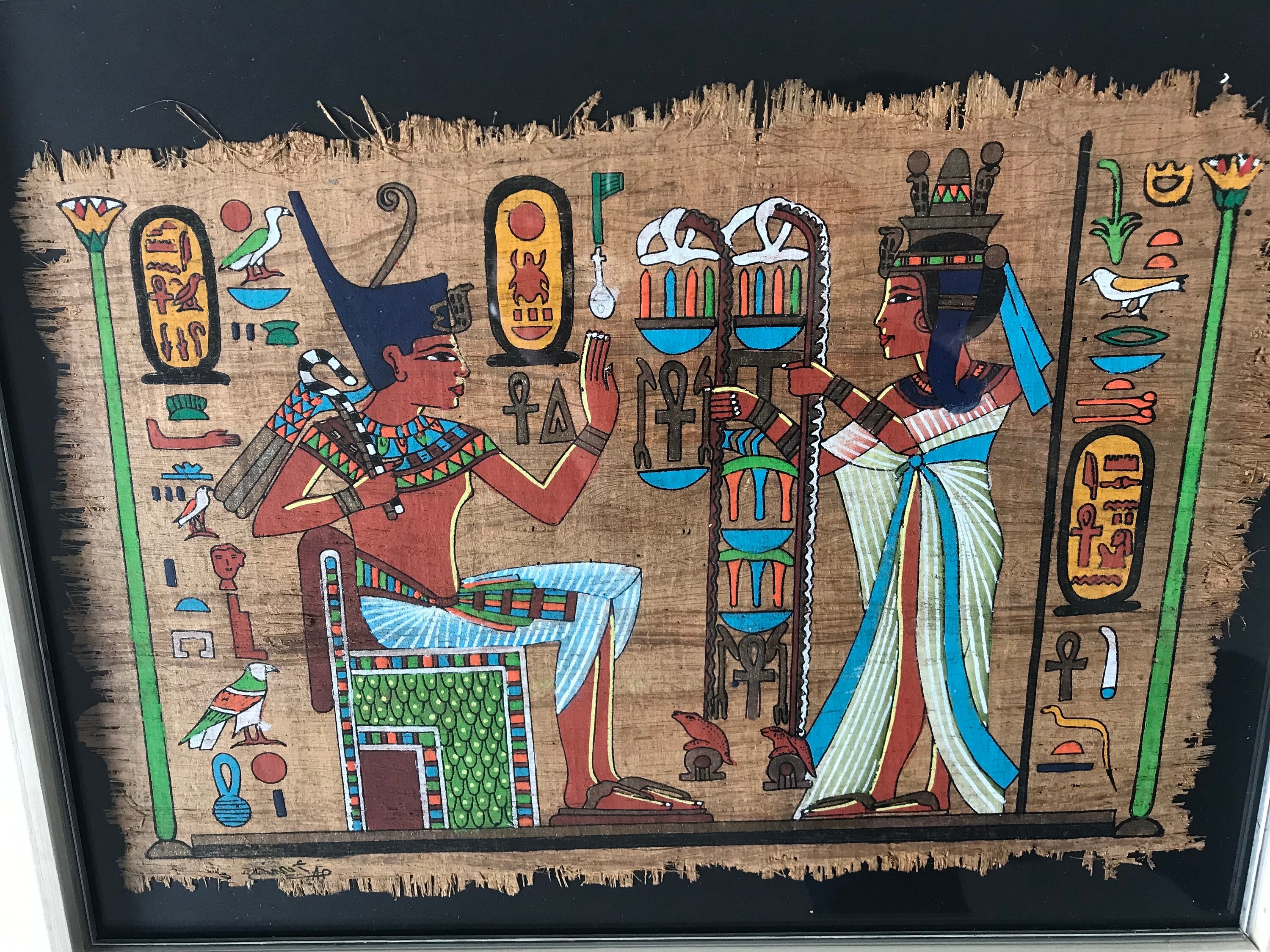 ヴィンテージの本物のパピルス画、ツタンカーメン王アンク・アメンと