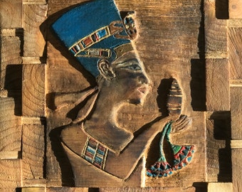 Relief en bois fabriqué à la main de la reine Néfertiti, art égyptien authentique, sculpture sur bois, œuvres d’art faites à la main, art décoratif du bois, cadeau réfléchi