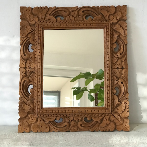 miroir sculpté en bois ornementé floral rectangulaire vintage, cadre de miroir en bois fabriqué à la main, cadeau de mariage, design oriental