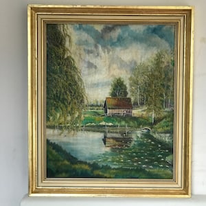 油絵風景画、金箔木製フレーム、アーティスト直筆サイン入り。31