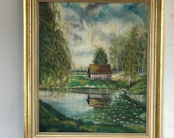アンティーク油絵、ヴィンテージ印象派風景画、ゴールドフレームの