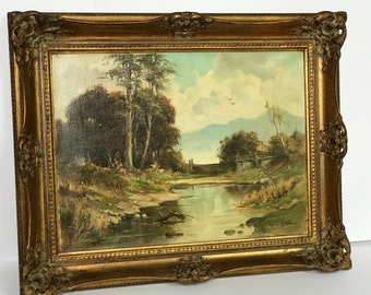 Antiek olieverfschilderij van een landschap, gesigneerd W. Lehmann, 19e-eeuws schilderij, olieverf op doek, barokke gouden lijst, luxe woondecoratie
