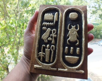 Carved Wood of Tutankhamun&#39;s Hieroglyphic name, Versatile Home Decor, Handcrafted masterpiece, Egyptian Artifacts, Mythological, Gift ideas