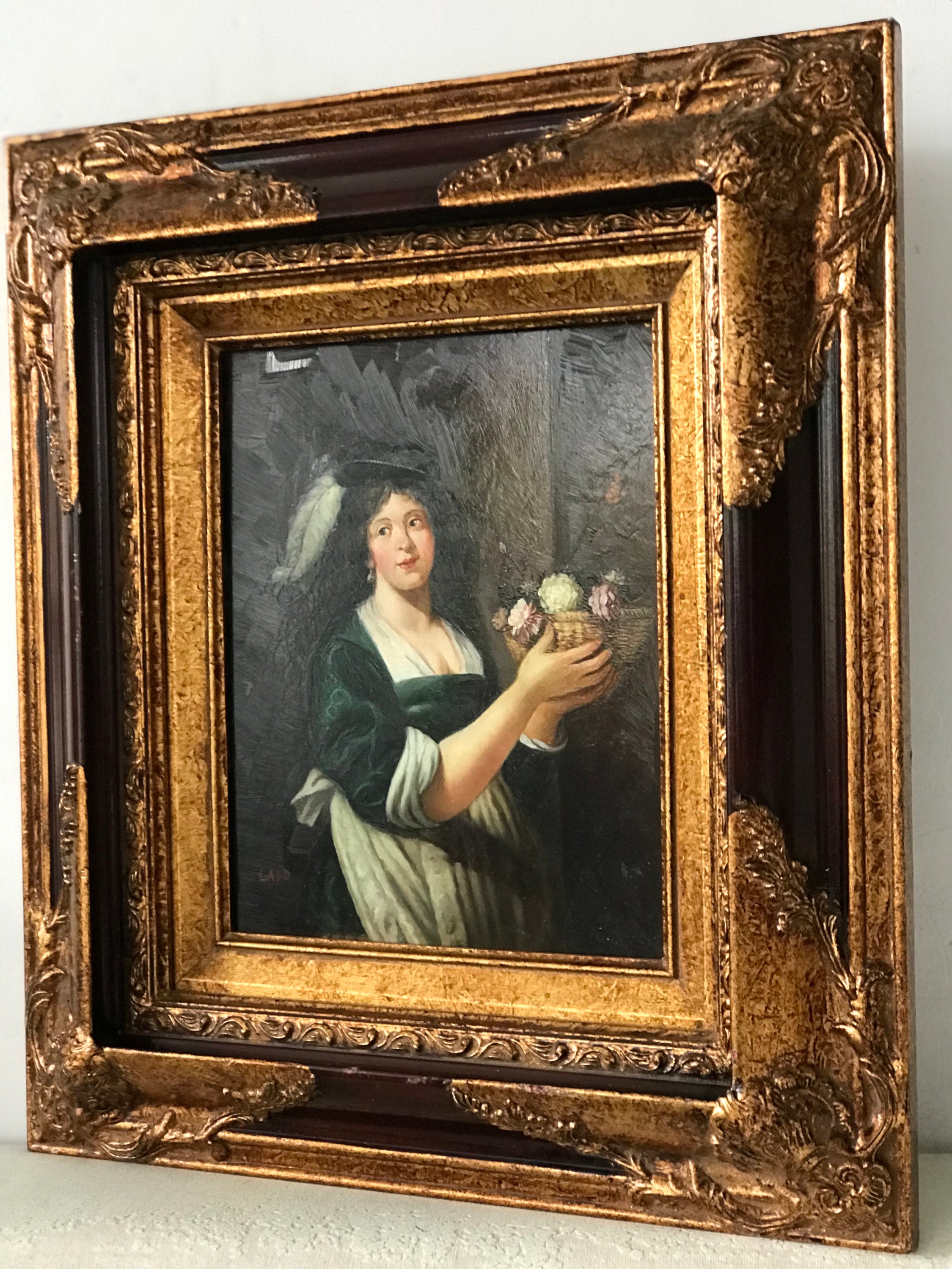 油絵　アンティーク　レトロ アンティークの女性の肖像画の油絵（豪華なバロック様式の額縁