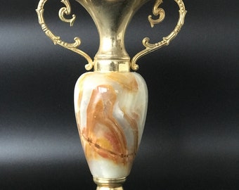 Vintage Italian Onyx Vase with Brass Figure, Carved Stone Decorative Object