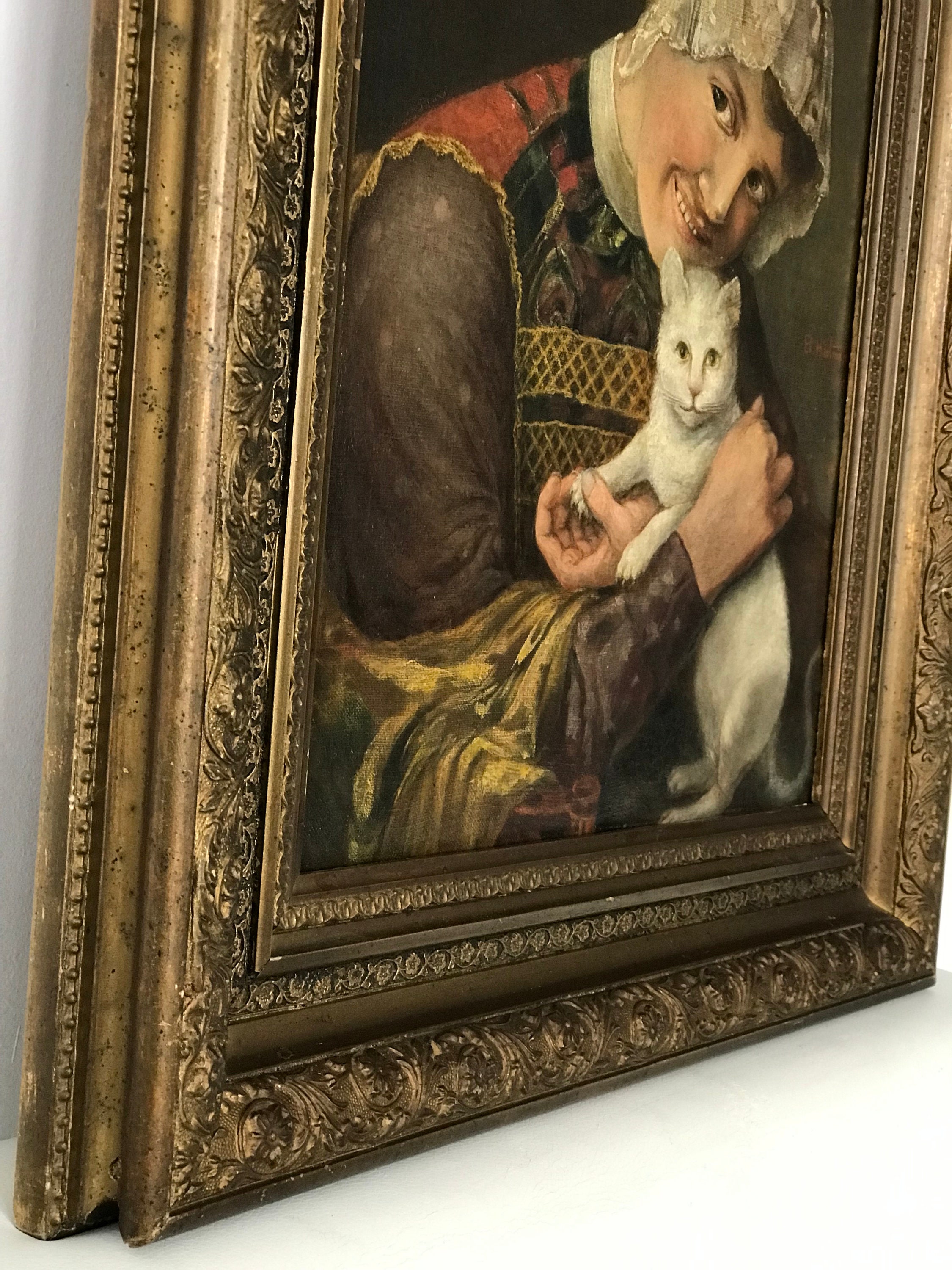 19世紀ヨーロッパの油絵、署名入り「白い猫を連れた若い女性の肖像