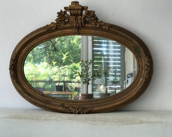 Antique Victorian Rococo Revival Oval Mirror, Giltwood & Gesso, Original Patinated Glass, c. 1880, Rare to find