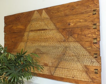 XL Handcrafted 3D Wooden Wall Art, Relief of The Giza Pyramids, Handmade Artwork, Egyptian Decor, Wood Carving, Masterpiece.