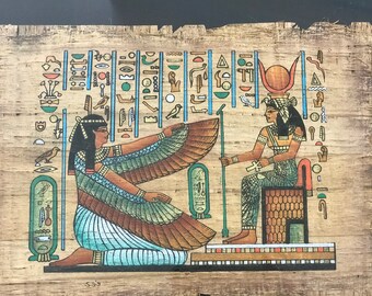エジプトの女神イシスとマアトを描いた希少なパピルス画、古代エジプト