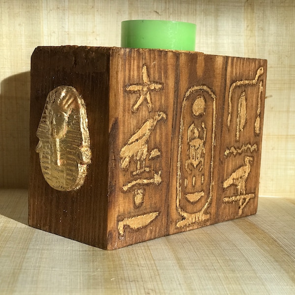 Candlelight decorated with Egyptian Code, Wood art, Home Decor,  EgyptianArt, History enthusiasts, Egyptian Inspiration, giftideas