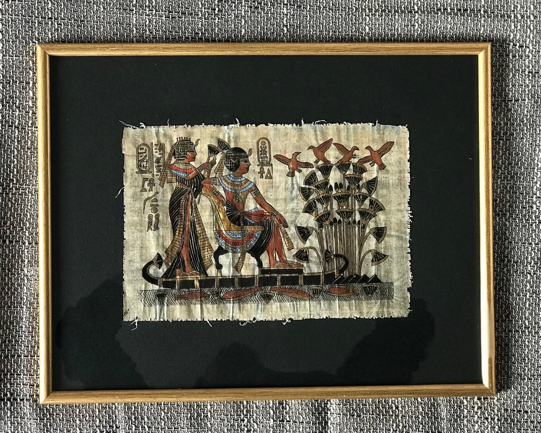 Vintage Framed Papyrus Painting, King Tut Ankh Amun and His Wife