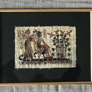 Vintage Genuine Papyrus Painting, King Tut ankh Amun and his Wife on trip through the Nile River, History enthusiasts, Handcrafted Beauty