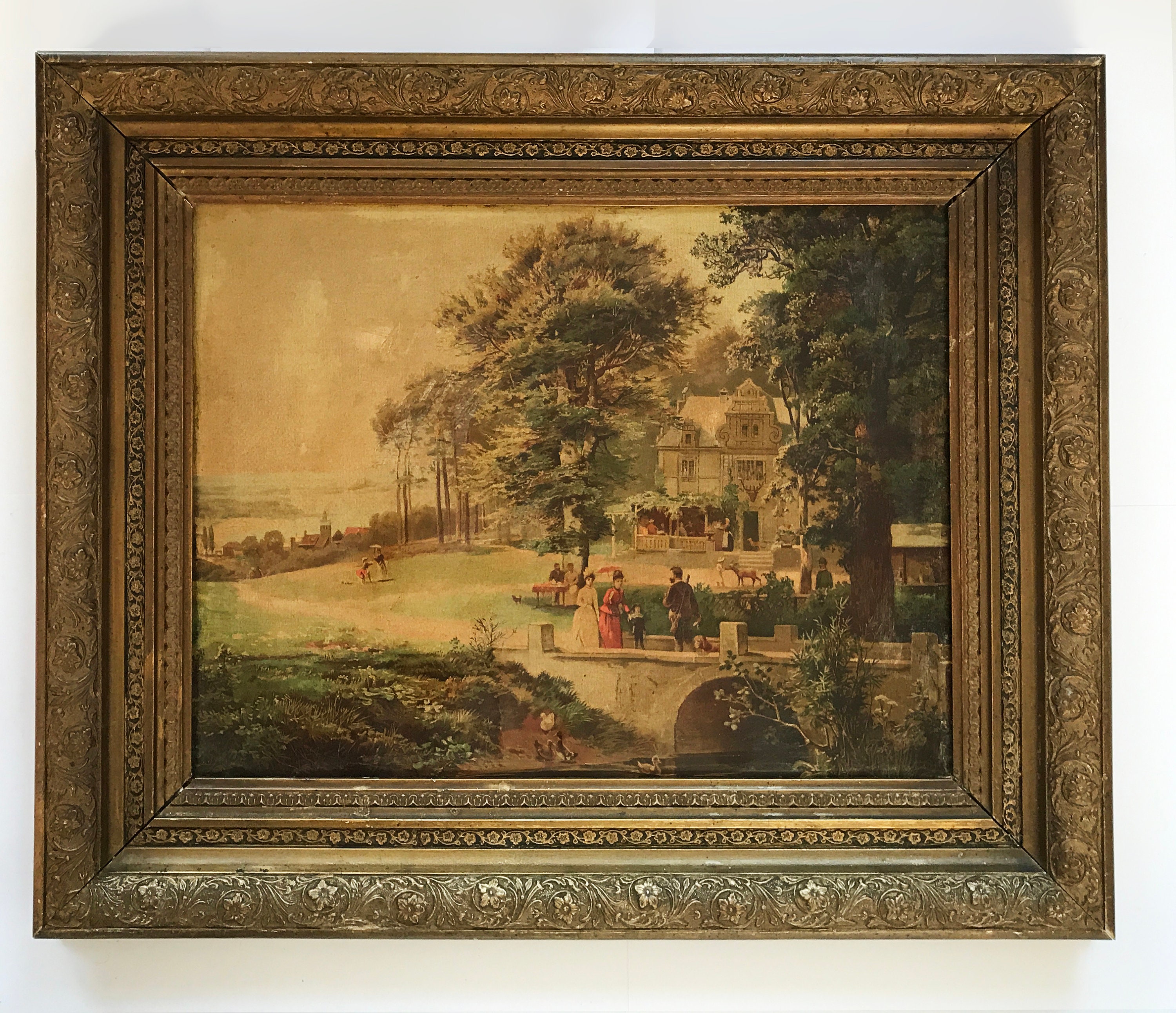 Vintage oil painting by Texas artist framed by vintage gold gesso frame