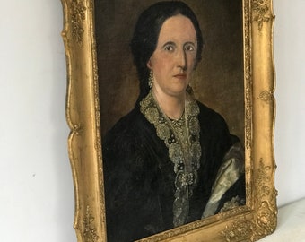 19世紀ヨーロッパの油彩画、貴婦人の肖像画、1856年頃 – 金箔額入りの
