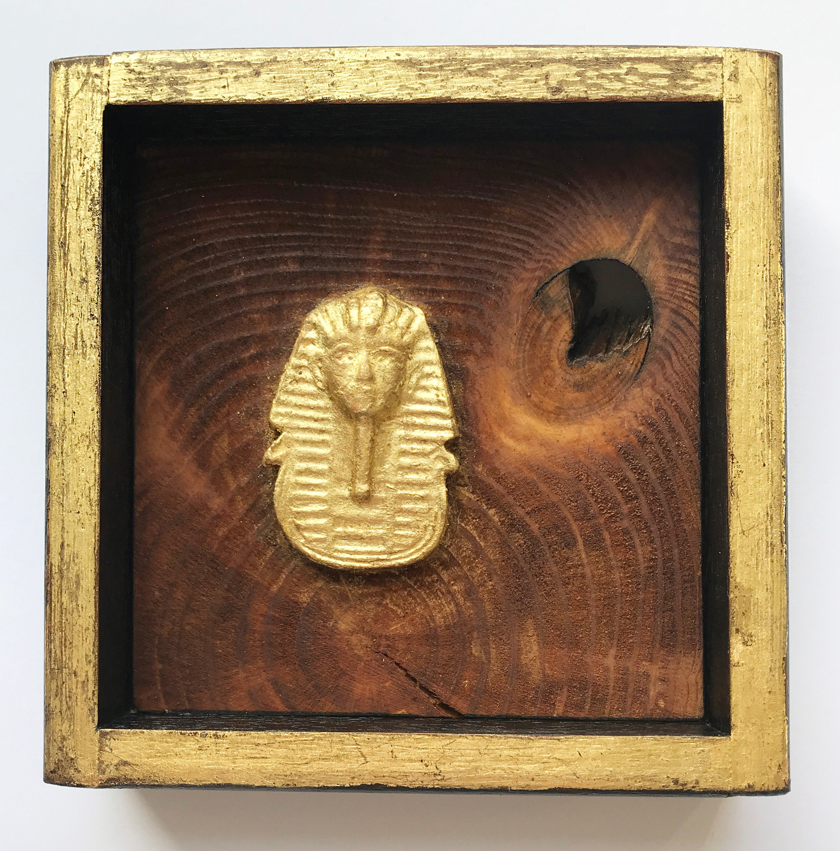 Ancient Egypt Art, Tutankhamun gold mask miniature embedded in solid wood, Gilded Gesso with 24 carat,  handmade