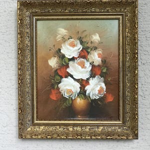 Realistic Still Life Flowers Painting on Ornate Vintage Golden Frame, Oil on Canvas, Decorative Wall Art, Birthday Present, Christmas Gift