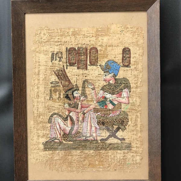Peinture de papyrus antique rare, Pharaon Toutankhamon et sa femme dans une scène romantique, peinture de papyrus antique, art égyptien, unique en son genre
