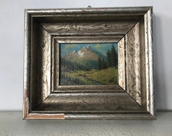Original Small Vintage Landscape Oil Painting, Mountain scene painting on Panel, Signed, Silver Frame, Antique Wall Art, Vintage gift