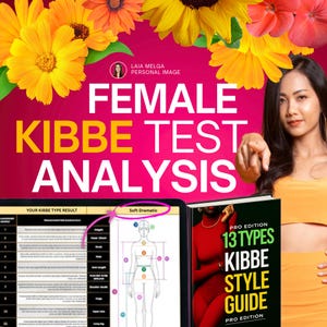 Puede incluir: Un gráfico digital con el texto FEMALE KIBBE TEST ANALYSIS, una pantalla de tableta que muestra una tabla de resultados Soft Dramatic y un libro titulado 13 TYPES KIBBE STYLE GUIDE PRO EDITION, sobre un fondo rosa vibrante con flores amarillas.