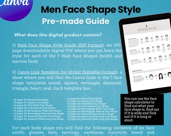 Male Face Shape Style Guide Canva Template for Stylist Face Analysis Report  Round, Square, Rectangle, Diamond, Oval, Heart Triangle