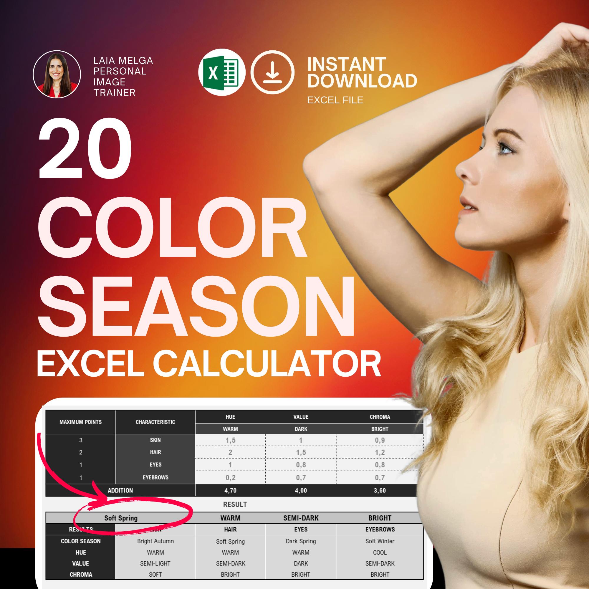 20 Color Season Calculator Excel / 12 Color Season Test / 16 Color Season Test / Color Season Analysis /  Stylist tools
