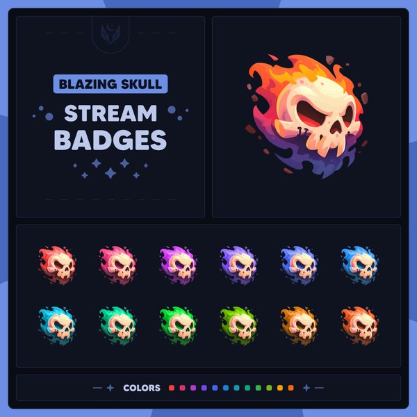 Badges Crâne flamboyant pour Twitch | Insignes d'abonnement et de bit Twitch | Badges secondaires crâne | Badges secondaires crâne de feu | Badges de diffusion | Badges Discord | Coup de pied