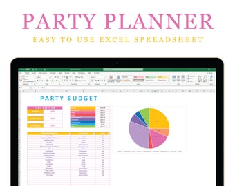 Könnte beinhalten: Ein Computerbildschirm zeigt eine Excel-Tabelle mit einem Party-Budgetplaner. Die Tabelle enthält eine grundlegende Übersicht mit Budget, Gesamtkosten und Differenz. Ein Kreisdiagramm zeigt die Aufschlüsselung des Budgets nach Kategorien. Die Kategorien umfassen Essen, Getränke, Dekoration, Unterhaltung, Partygeschenke und Transport.
