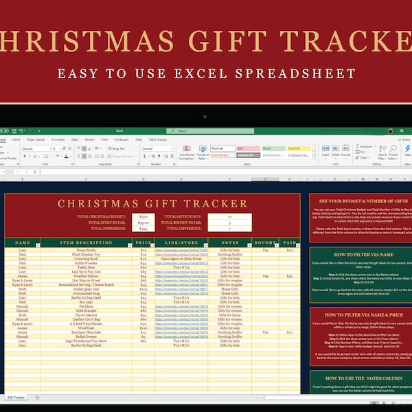 Christmas Gift Ideas & Budget Tracker Excel Spreadsheet | Digital Download