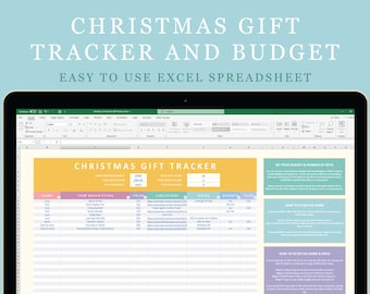 May include: A screenshot of a spreadsheet program with a Christmas gift tracker and budget template. The spreadsheet has columns for name, item description, price, link/store, notes, budget, and paid. The spreadsheet also includes instructions on how to set your budget and number of gifts, how to filter by name, and how to filter by name and price.