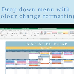 Op de afbeelding: Een spreadsheet met een contentkalender voor januari. De kalender is kleurgecodeerd per dag van de week en bevat een vervolgkeuzelijst om verschillende soorten content te selecteren.