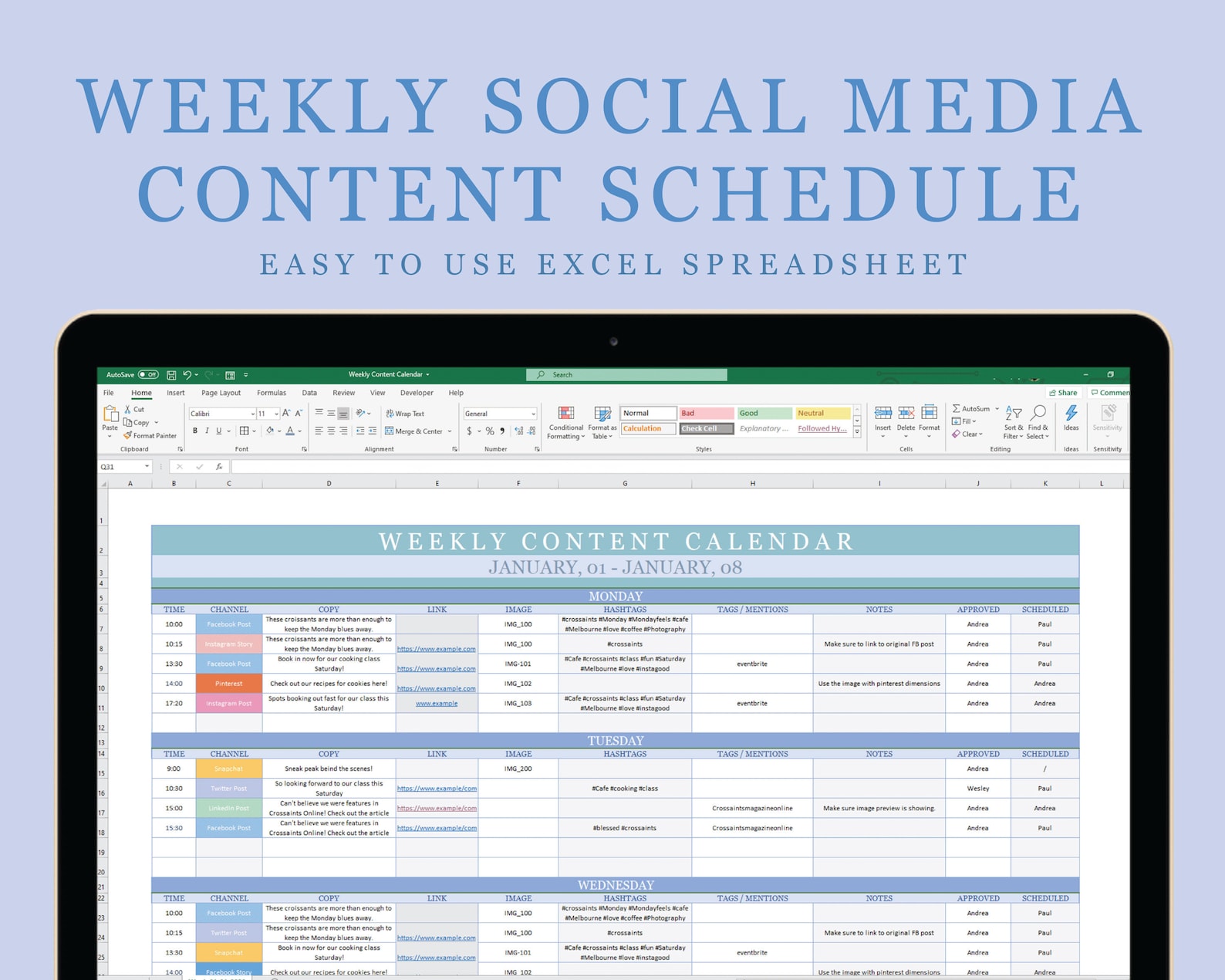 Weekly Social Media Content Schedule Excel Spreadsheet Etsy Content Calendar For Social Media