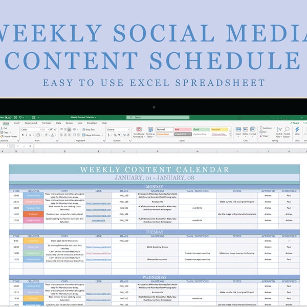 Weekly Social Media Content Schedule Excel Spreadsheet | Digital Download