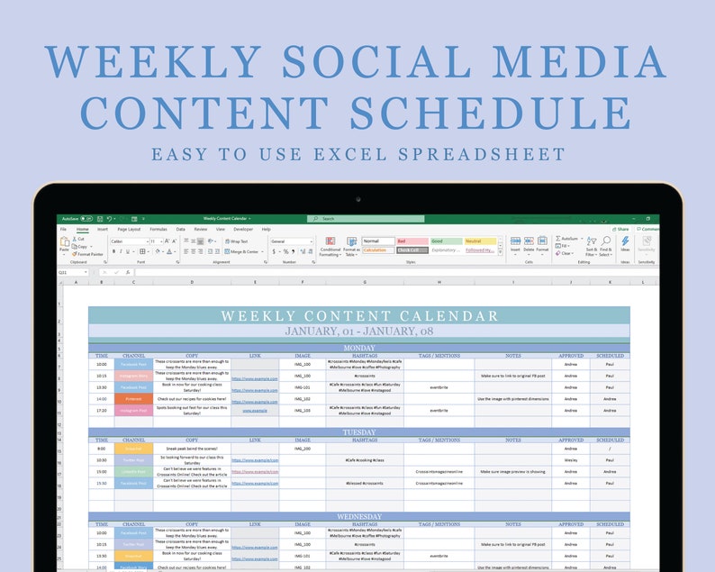 Weekly Social Media Content Schedule Excel Spreadsheet | Digital Download 