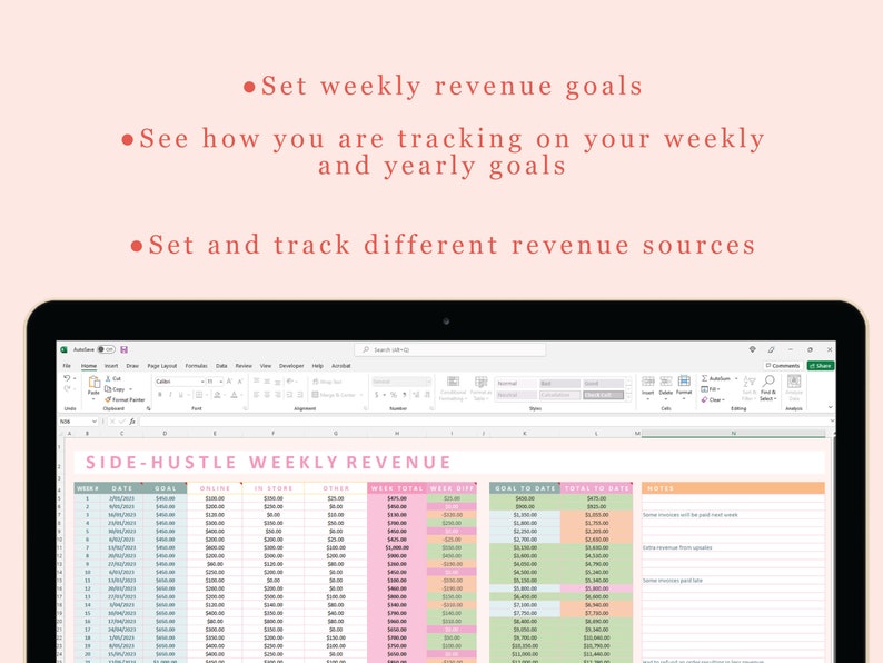 Side Hustle Revenue Goals | Weekly Excel Spreadsheet | Track Freelance