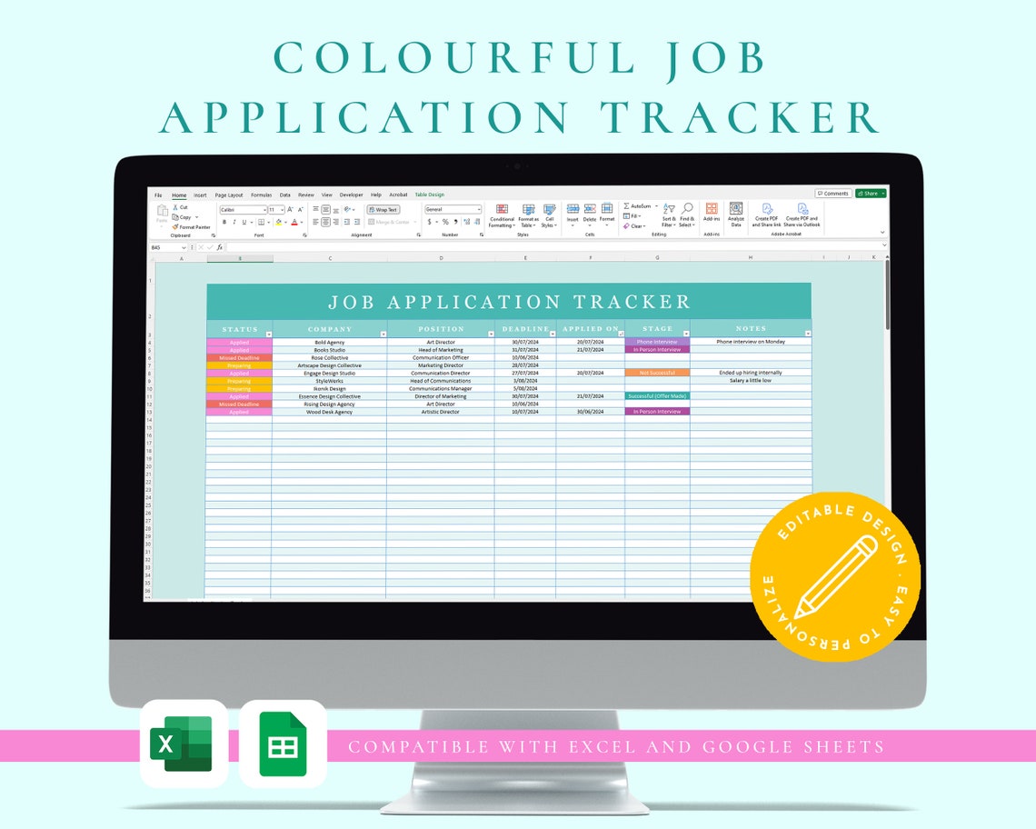 Job Application Tracker Excel & Google Sheets Spreadsheet | Bright and ...