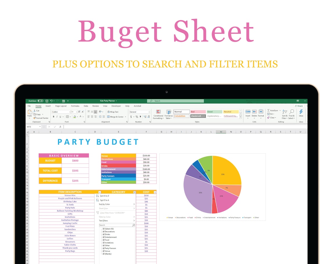 Party Planner Excel Sheet Colourful Event Budget Etsy