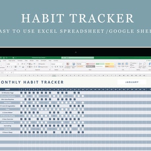 May include: A monthly habit tracker spreadsheet with a blue and white color scheme. The spreadsheet is titled "Monthly Habit Tracker" and includes a list of habits to track, such as 15 minutes of yoga, 5 minutes of meditation, skin care routine, 5 fruits and vegetables, 2 liters of water, 30 minutes of reading, 1 hour of exercise, journaling, and 8 hours of sleep. The spreadsheet is divided into days of the month, with a total column at the end.