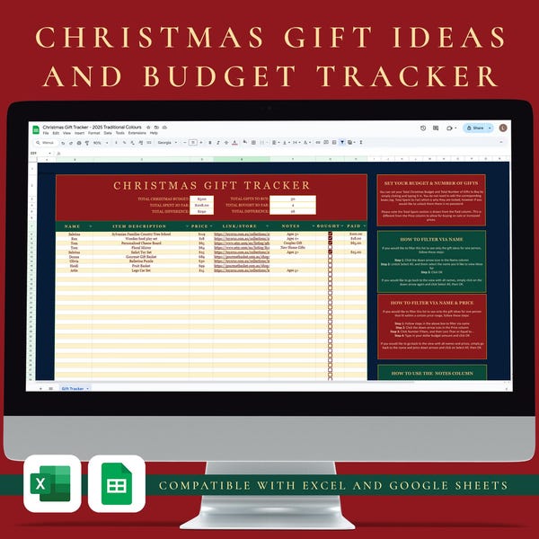 Christmas Gift Ideas Budget Tracker Excel & Google Sheets Spreadsheet | Digital Download