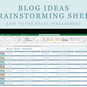 Könnte beinhalten: Ein Screenshot eines Tabellenkalkulationsprogramms mit dem Titel "Blog Ideas Tracker". Die Tabelle ist in Spalten mit Überschriften wie "Kategorie", "Phase", "Blog-Ideentitel", "Grundlegender Inhalt", "CTA-Ideen", "Neue Keyword-Ideen" und "Notizen" unterteilt.