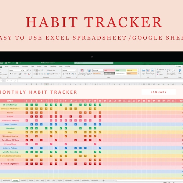 Rainbow Habit Tracker | Excel Spreadsheet | Google Sheet| Digital Download