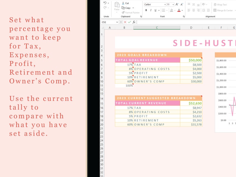Side Hustle Revenue Goals | Weekly Excel Spreadsheet | Track Freelance ...