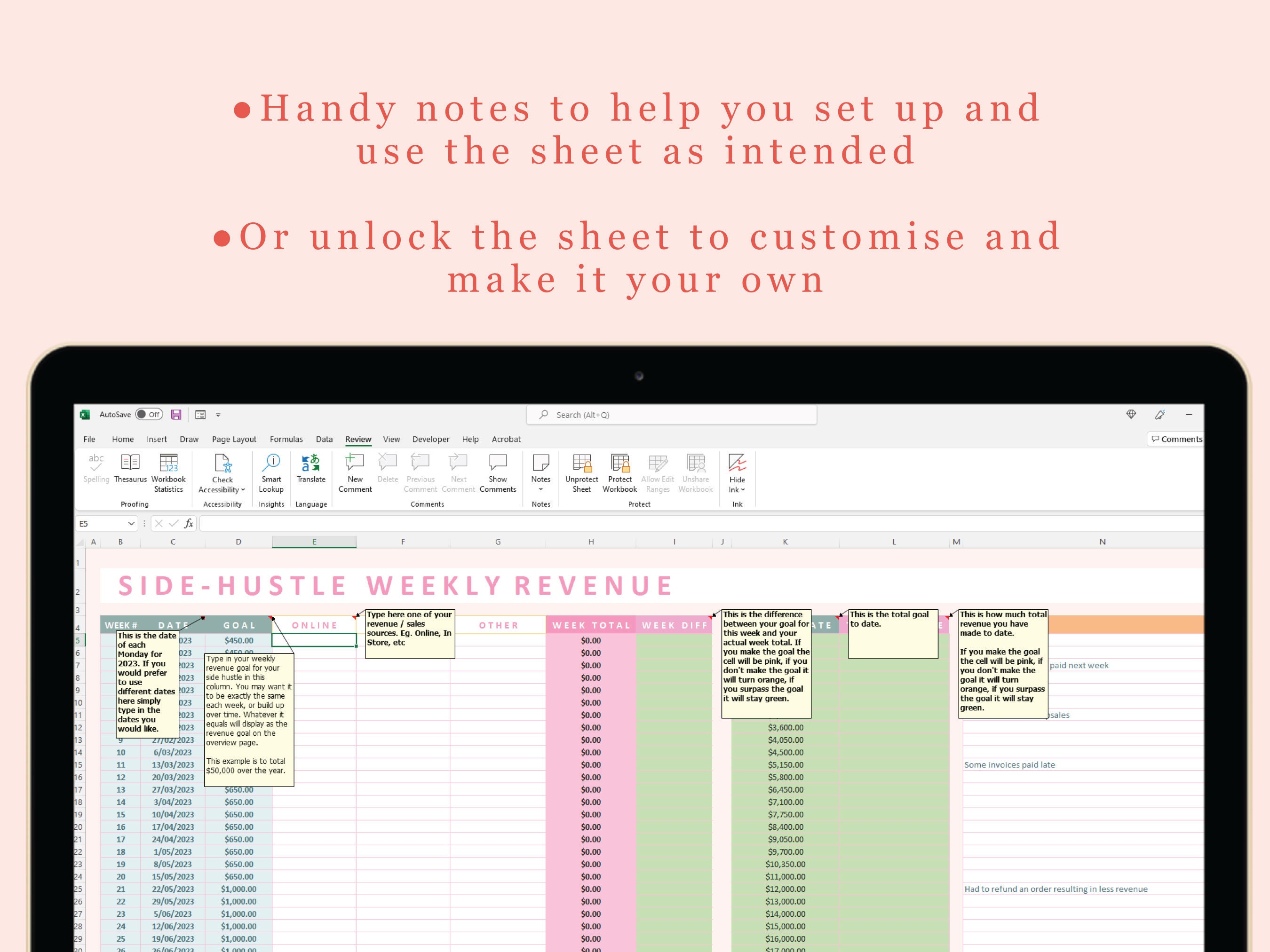 Side Hustle Revenue Goals | Weekly Excel Spreadsheet | Track Freelance ...