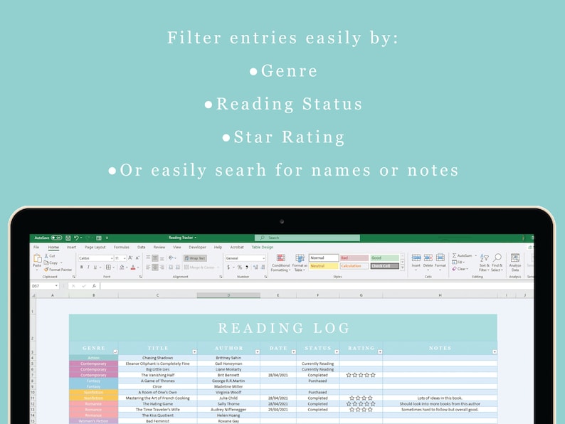 Reading Log Tracker Excel Spreadsheet Digital Download image 3