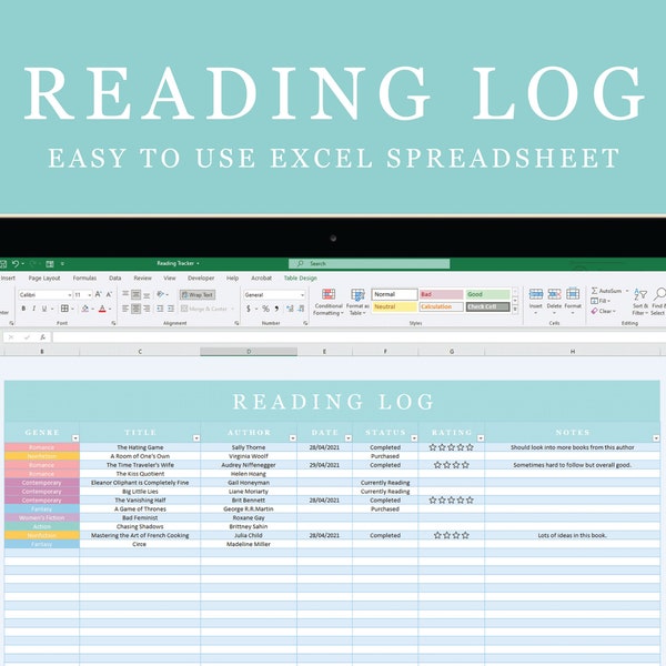 Reading Log Tracker Excel Spreadsheet | Digital Download