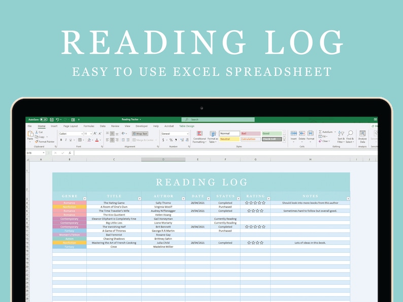 Reading Log Tracker Excel Spreadsheet Digital Download image 1